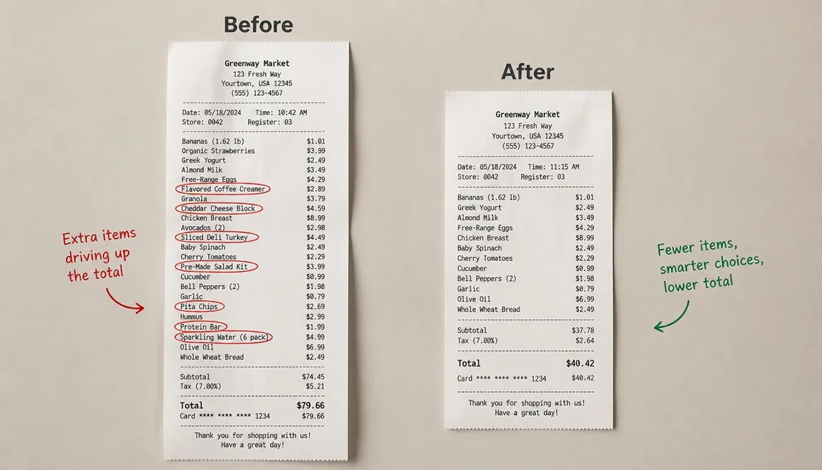 Side-by-side infographic comparing an unplanned grocery receipt against a planned grocery receipt for the same household