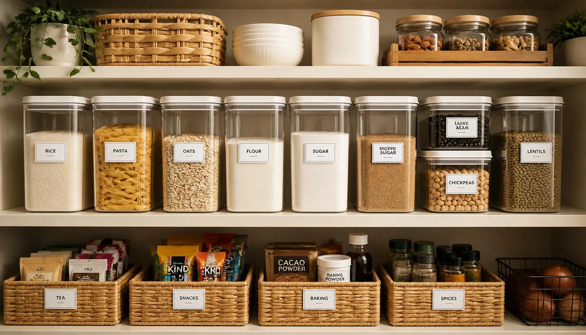 An organized home pantry with labeled food storage containers for bulk staples