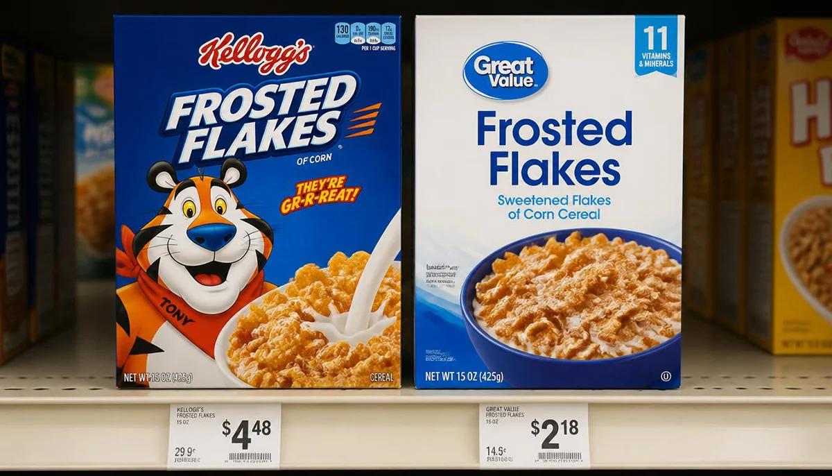 Store-brand and name-brand versions of the same grocery product side by side on a shelf