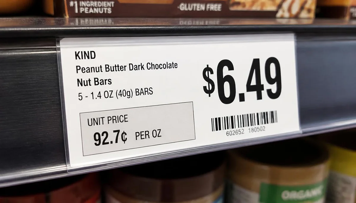 Close-up of a grocery store shelf tag showing the unit price per ounce next to the shelf price