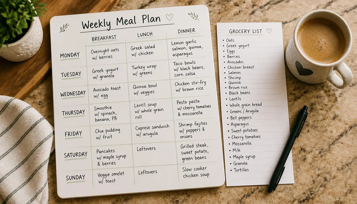 A weekly meal planning board listing breakfast, lunch, and dinner ideas next to a grocery list